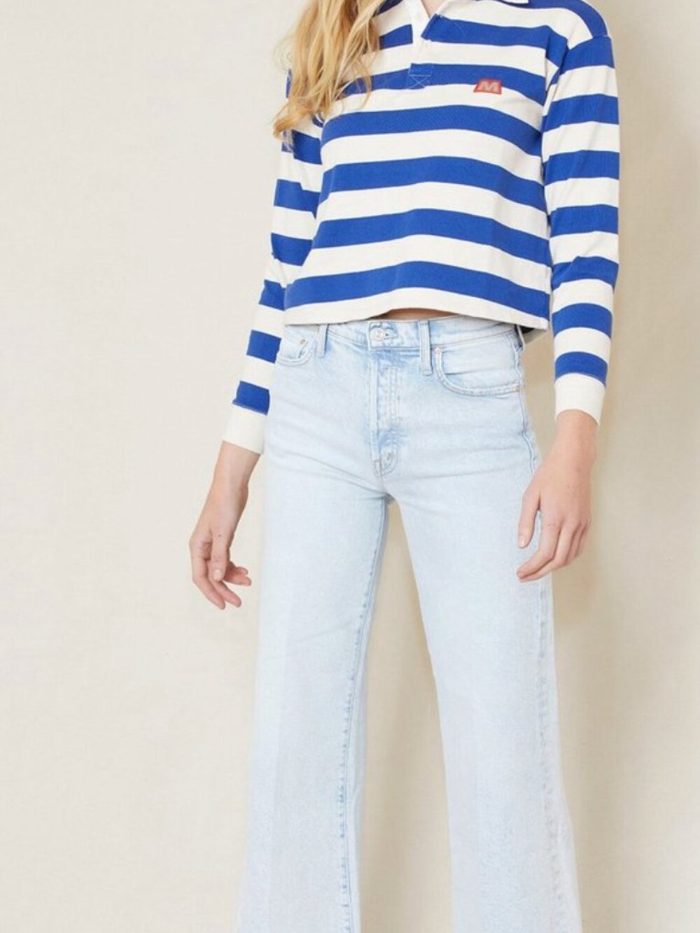 MOTHER Boxy Polo Crop Tee in Game On- Blue/Cream Stripes- S- Long Sleeve - Picture 2 of 16